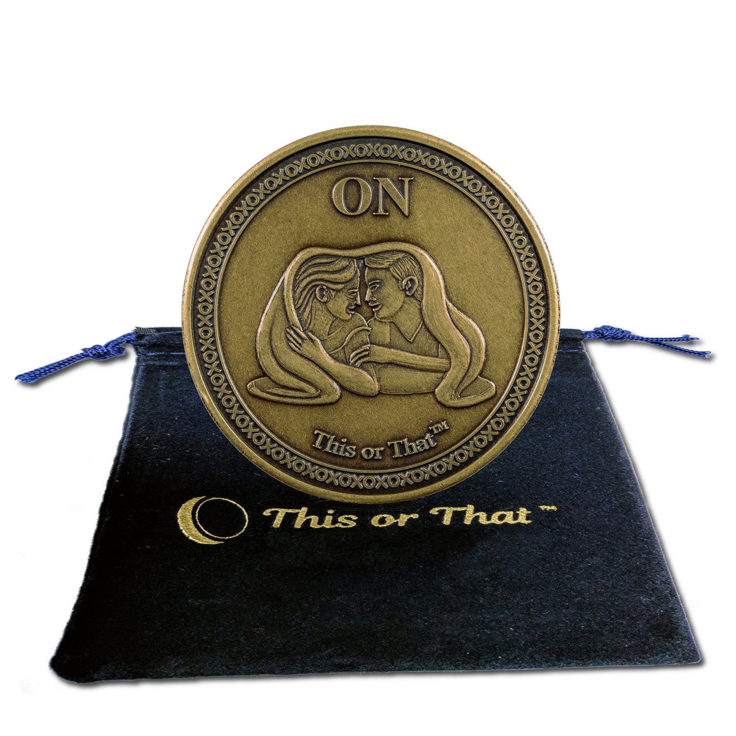 This or That Couples Therapy Coin with On face and a velvet pouch