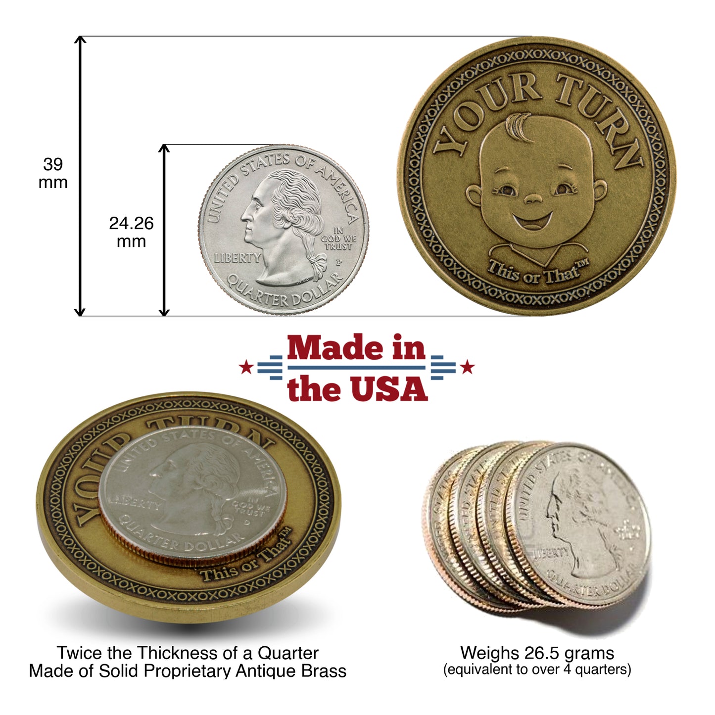 Size comparison image of the This or That Diaper changing coin to a quarter