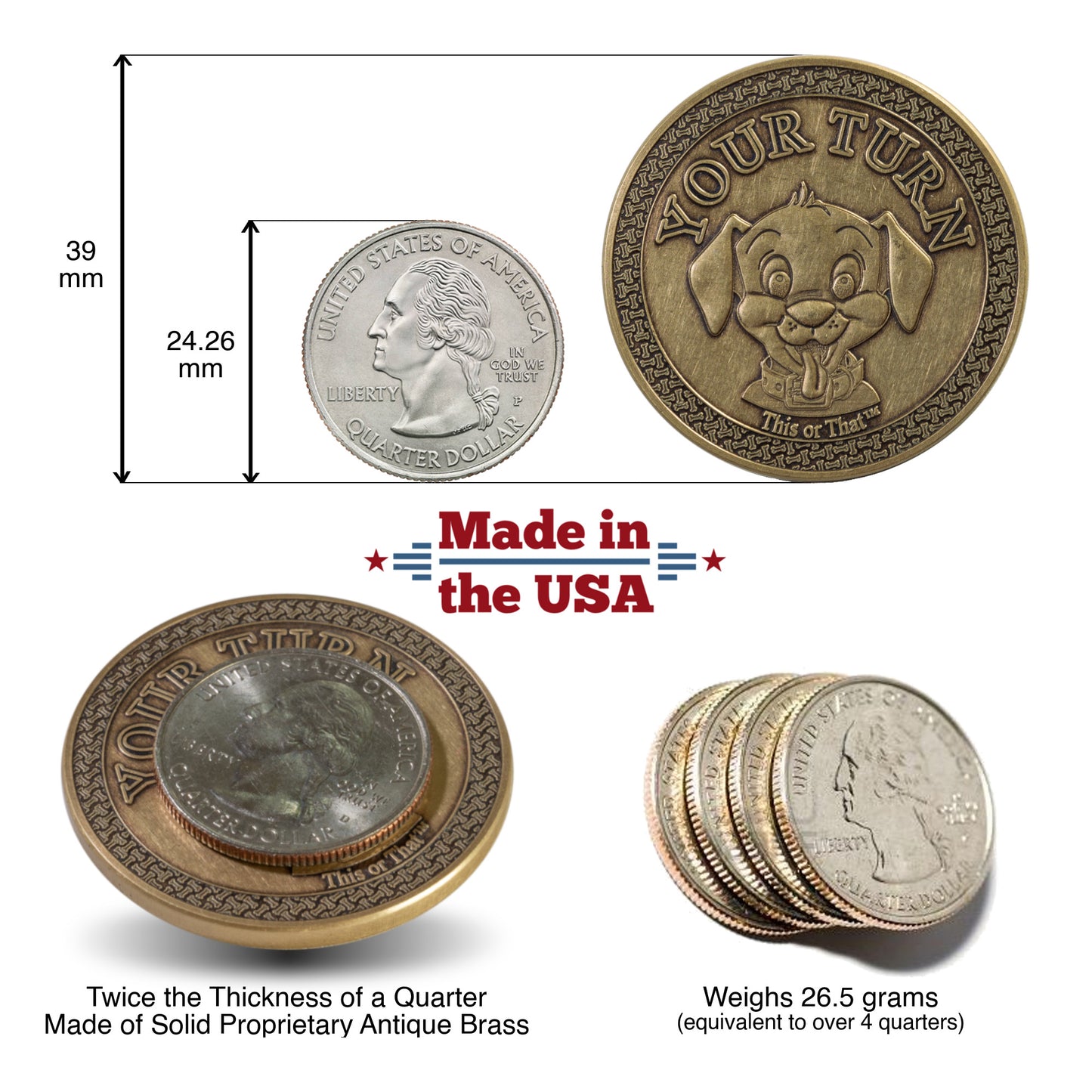 Size comparison image of the This or That Dog Walking Coin to a quarter