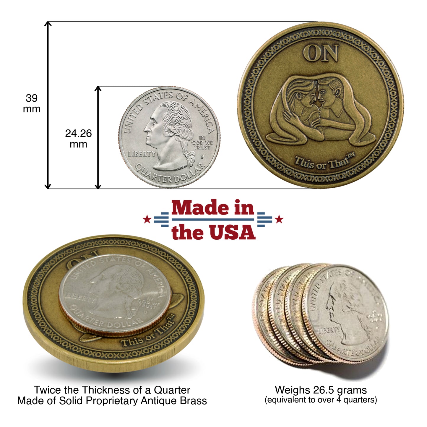 Size comparison image of the This or That Couples Therapy Coin to a quarter