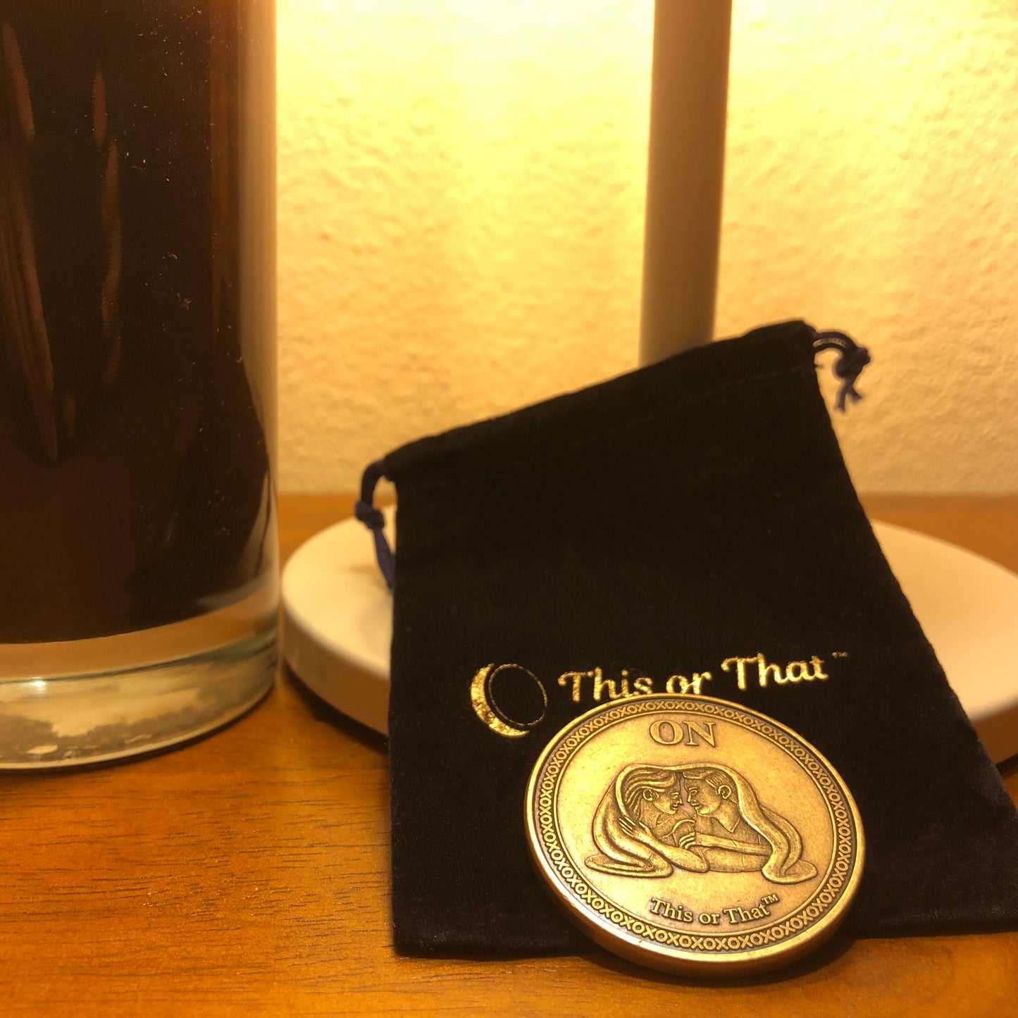 This or That Couples Therapy Coin in bedside table with velvet pouch